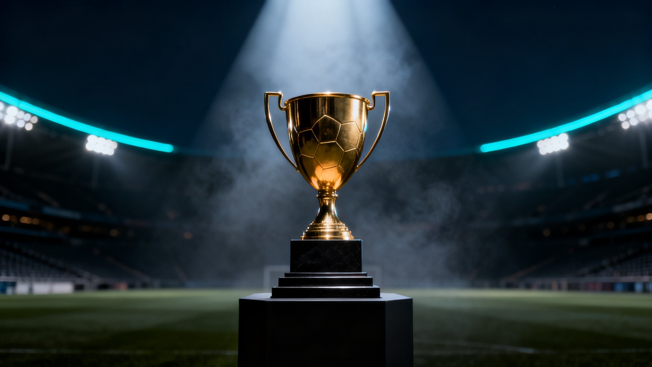 Trophée doré de football posé sur un socle noir au centre d'un stade vide, éclairé par un projecteur