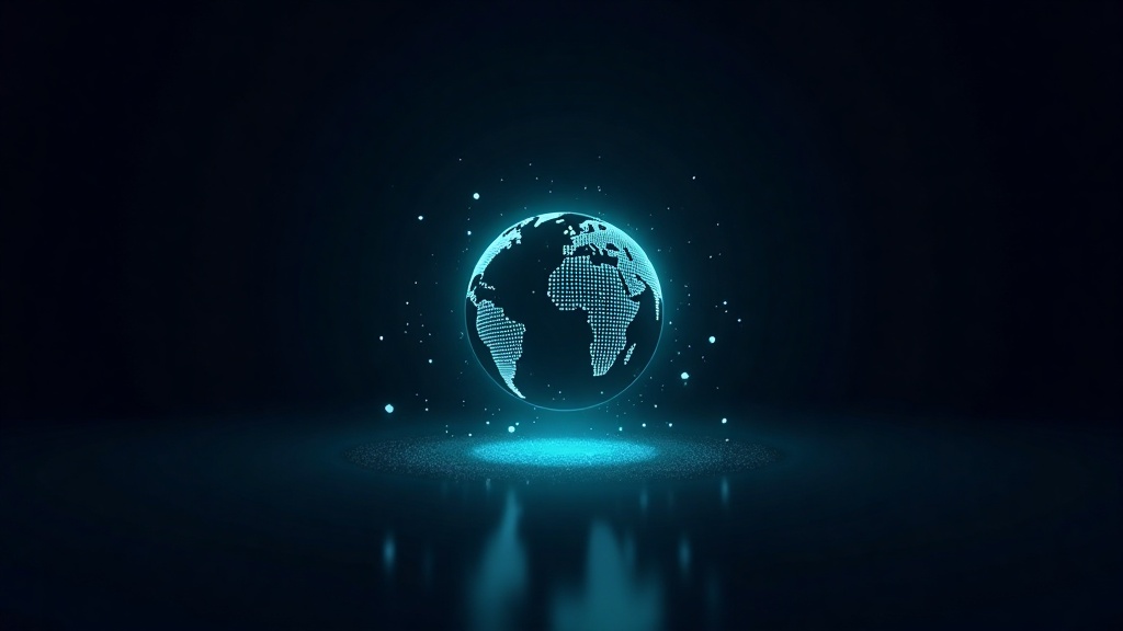 Globe terrestre lumineux en filaire cyan entouré de particules, évoquant une compétition internationale