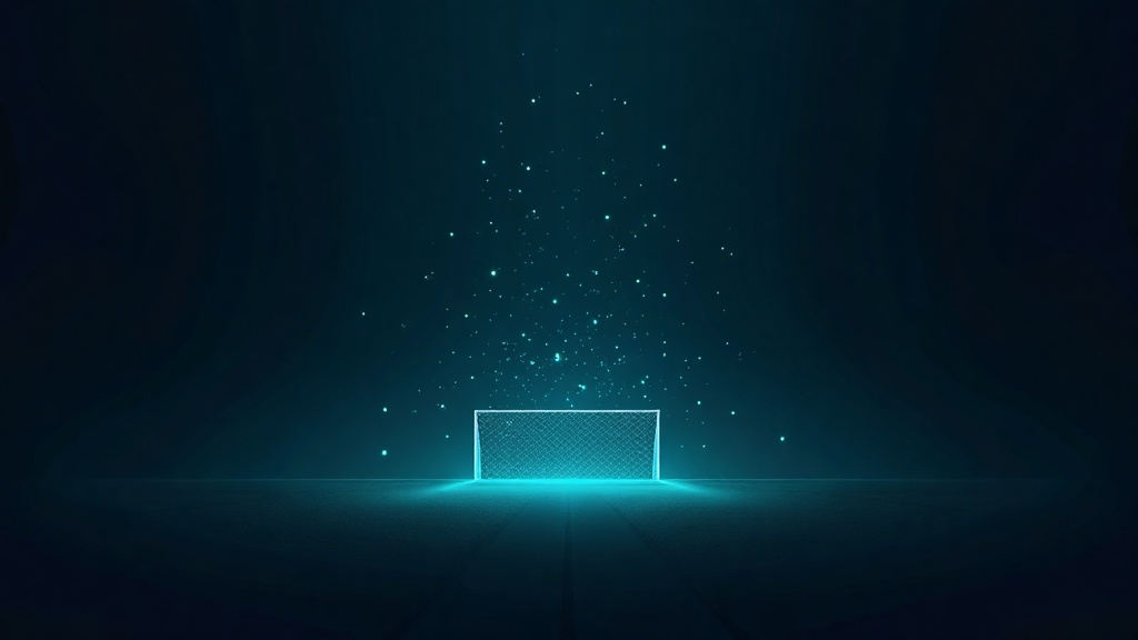 Particules lumineuses cyan s'élevant au-dessus d'une cage de football, évoquant un modèle de données