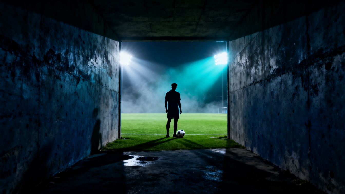 Silhouette anonyme d'un footballeur au bout d'un tunnel de stade, face à une pelouse éclairée
