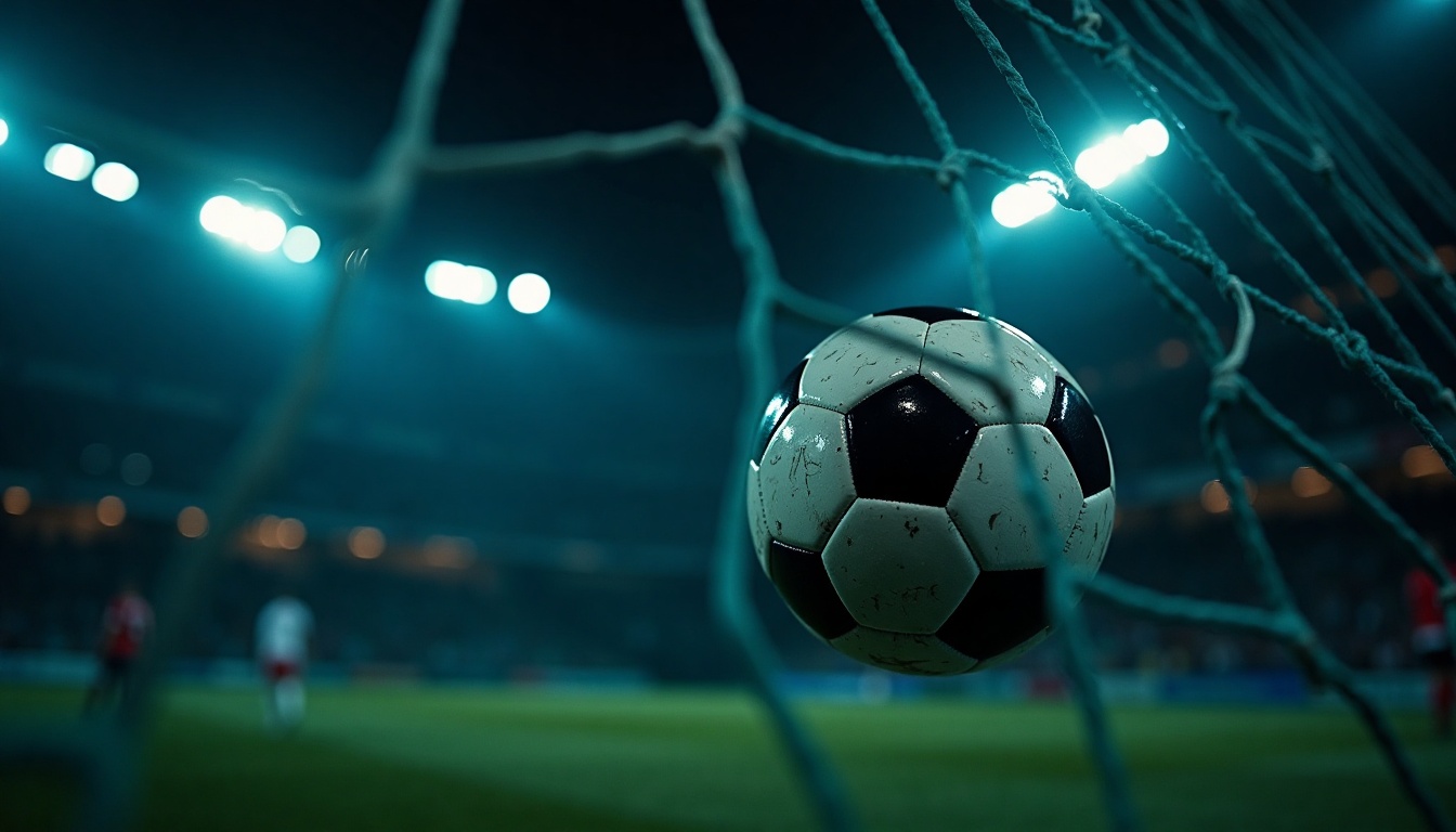 Ballon de football frappant le fond des filets lors d'un match en nocturne