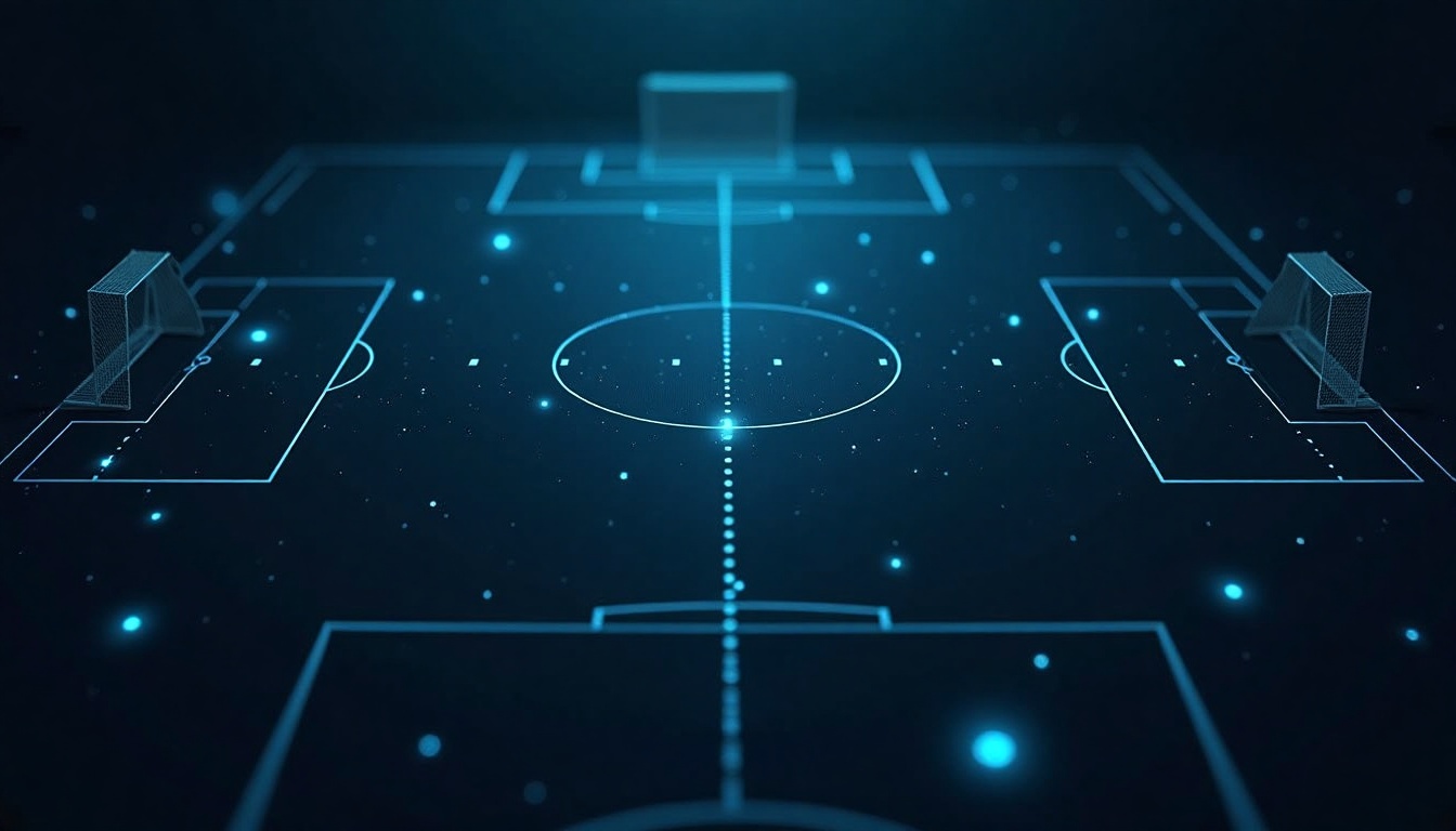 Terrain de football en filaire bleu nuit parsemé de points lumineux représentant des tirs